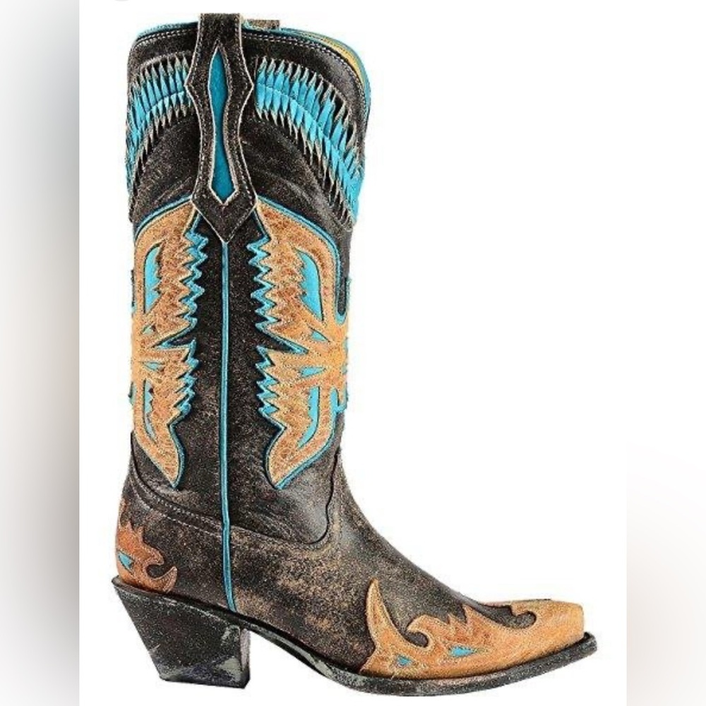 CORRAL Women's Brown Tan Turquoise Eagle Overlay Snip Toe Western Boots Size 8.5